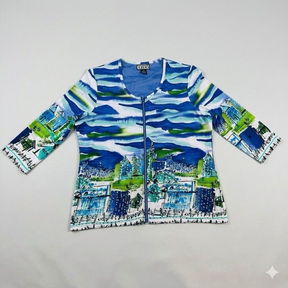 Berek Women’s Chiffon Cardigan XL Rhinestones Sequin City Scape Artsy Blue White